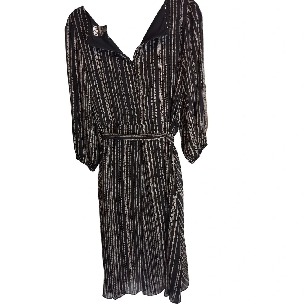 DKNY Womens Faux Wrap‎ Midi Dress Black Gray Chain Link Stripe Size 14 V-Neck